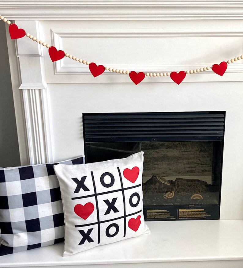 Valentine's Day Decor / Red Felt Hearts and Wood Beads Garland / Farmhouse Mantle Banner / Boho Bunting for Mantel / Neutral Wall Hanging image 2