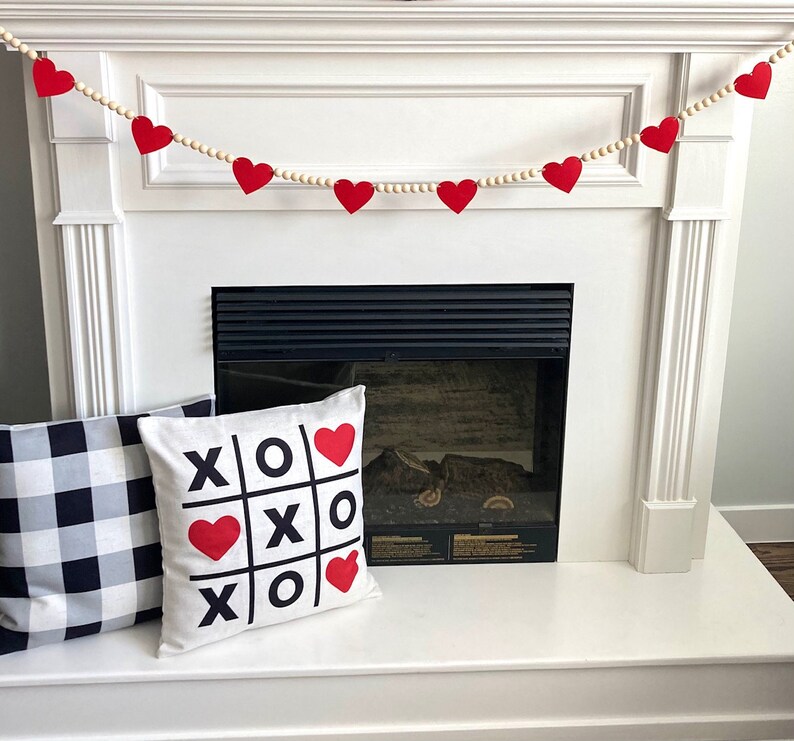 Valentine's Day Decor / Red Felt Hearts and Wood Beads Garland / Farmhouse Mantle Banner / Boho Bunting for Mantel / Neutral Wall Hanging image 8