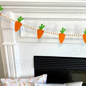 Easter Carrots Wood Bead Garland for Fireplace Mantel / Orange Green Felt Carrots / Spring Decor Banner / Boho farmhouse beaded for mantle image 5