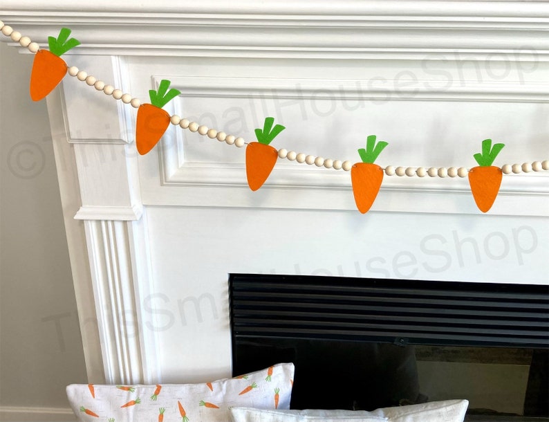 Easter Carrots Wood Bead Garland for Fireplace Mantel / Orange Green Felt Carrots / Spring Decor Banner / Boho farmhouse beaded for mantle image 5