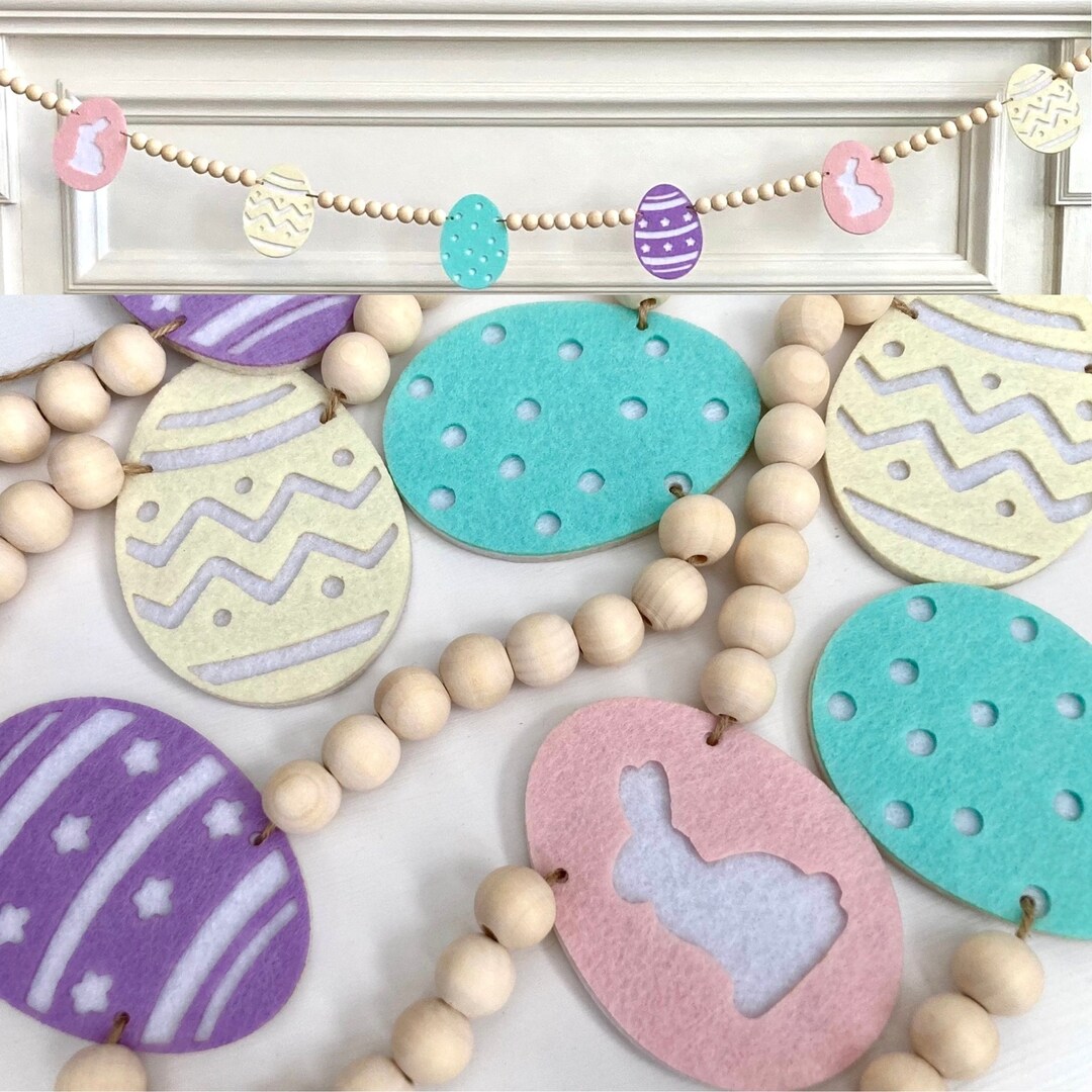 Easter Eggs Garland / Pastel Felt Eggs and Wood Beads Garland