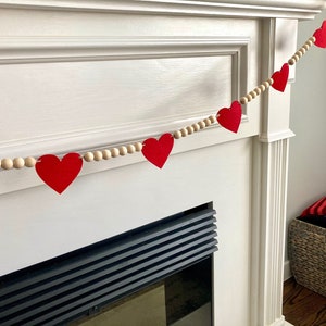 Valentine's Day Decor / Red Felt Hearts and Wood Beads Garland / Farmhouse Mantle Banner / Boho Bunting for Mantel / Neutral Wall Hanging image 9