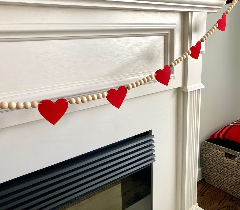 Valentine's Day Decor / Red Felt Hearts and Wood Beads Garland / Farmhouse Mantle Banner / Boho Bunting for Mantel / Neutral Wall Hanging image 9