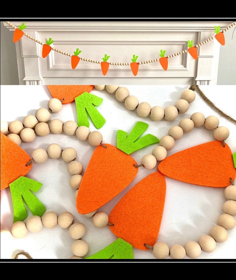 Easter Carrots Wood Bead Garland for Fireplace Mantel / Orange Green Felt Carrots / Spring Decor Banner / Boho farmhouse beaded for mantle image 1