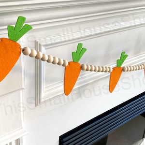 Easter Carrots Wood Bead Garland for Fireplace Mantel / Orange Green Felt Carrots / Spring Decor Banner / Boho farmhouse beaded for mantle zdjęcie 8