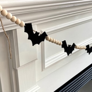 Halloween Black Felt Bats and Wood Beads Garland for Fireplace Mantel / Spooky Wall Decor Banner Belfry / Boho Farmhouse Bunting for mantle image 5