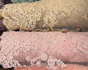 Floral Mesh Lace Fabric w/ Hand Beaded Embroidery - 52&quot; -Sold by the yard