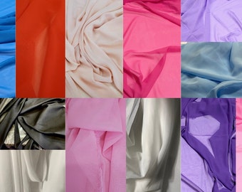 May include: A collection of 16 fabric swatches in various colors, including blue, red, pink, purple, beige, black, white, and gray. The fabric is sheer and has a soft, flowing texture.