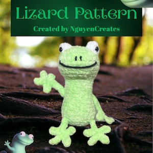 May include: A light green crocheted lizard with a smiling face and outstretched arms. The image includes the text "Lizard Pattern Created by NguyenCreates". A cartoon lizard is in the lower left corner and another in the upper right.