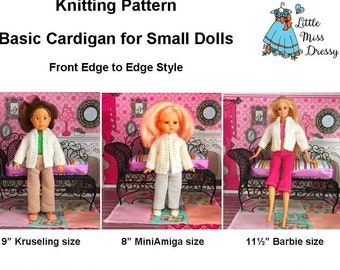 PDF Knitting Pattern Basic Cardigan for Small Dolls - 9" Kruselings, 8" MiniAmigas, Sindy, 10-12" Fashion Doll