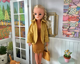 Jacket with Knitted Dress and Handbag for Sindy, 10-12" Fashion Dolls, Mustard Gold