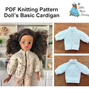 May include: A knitting pattern for a doll's cardigan. The pattern is for a basic cardigan with a cable stitch design. The pattern is available as a PDF download. The image shows a doll wearing the finished cardigan.