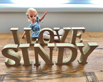 Miniature Wooden Letters, 8cm High, Freestanding, I LOVE SINDY