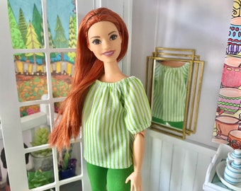 Loose-Fit Stripe Blouse Top for Sindy 10-12" Fashion Dolls, Light Green