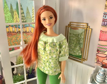 Loose-Fit Floral Blouse Top for Sindy 10-12" Fashion Dolls, Light Green