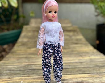 Blouse or Trousers for Sindy 10-12” Fashion Dolls, Navy Floral, Lace Sleeve