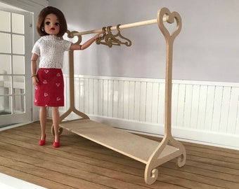 Miniature Wooden Clothes Rail, 1:6 Scale, Self Assembly, Sindy 10-12" Fashion Doll Size