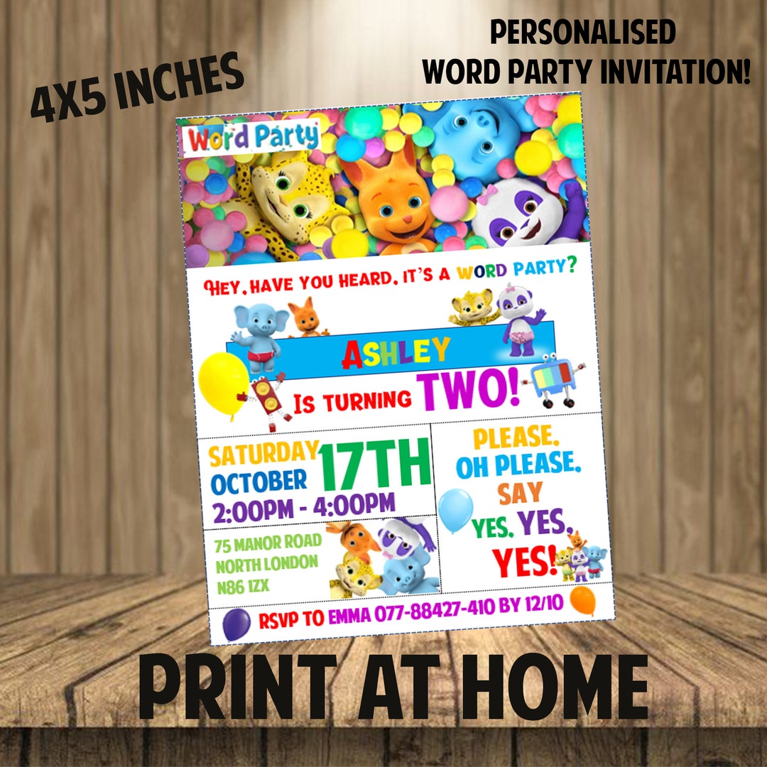Invitation PRINT AT HOME, Word Party Birthday Pack, Digitalprint