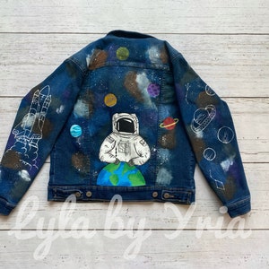 Hand painted Denim Jackets, Custom Denim Jacket, Art on Denim, Jacket with Painting, Astronaut Jacket, Space Rocket Jacket