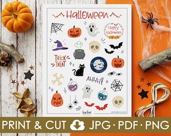 Printable Halloween Stickers, Sticker Sheet, Halloween Decor, Bullet Journal Stickers, Pumpkin, Halloween Decorations, Planner Stickers