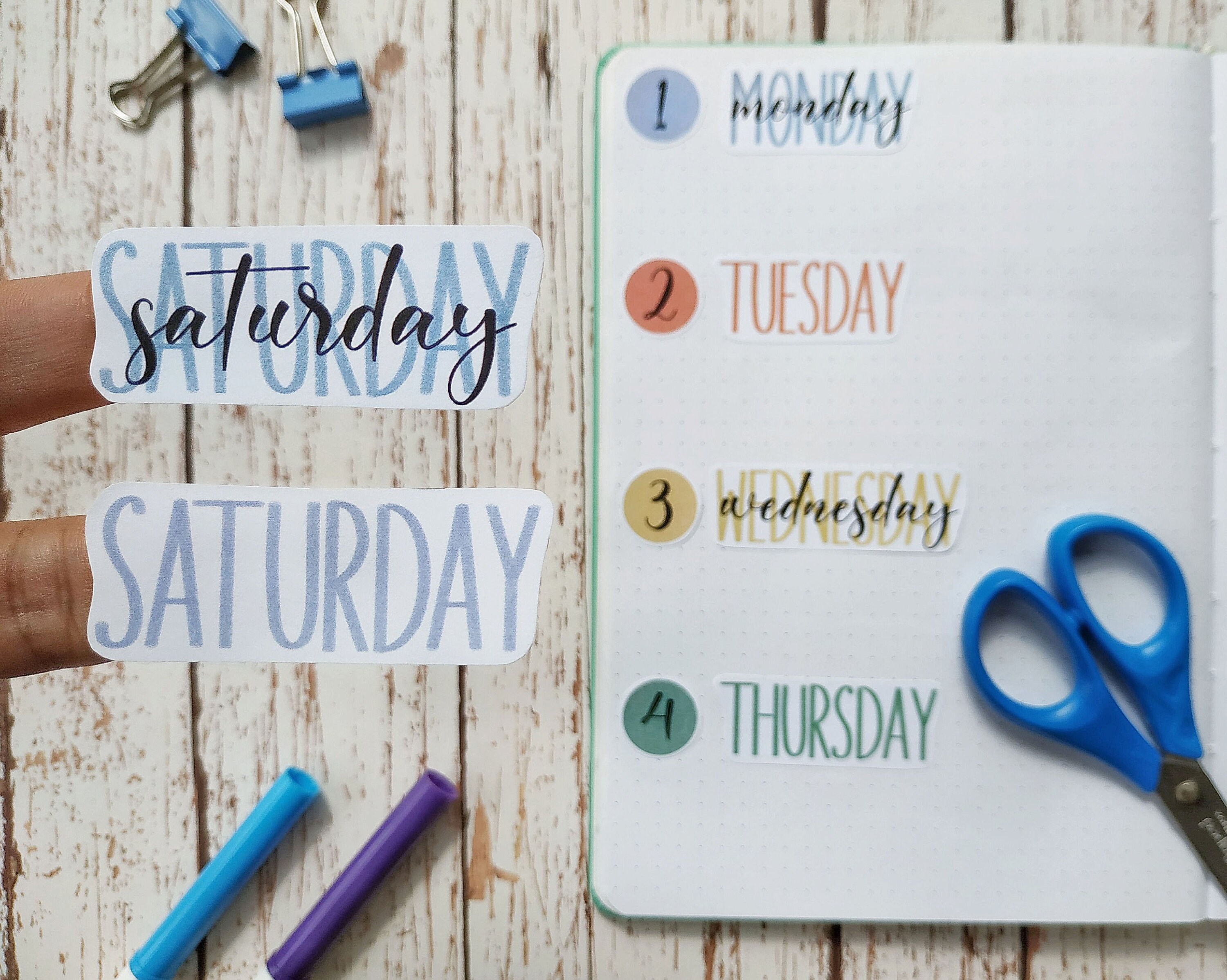 Days of the Week Printable Stickers, Colored Weekday Names, Bullet ...