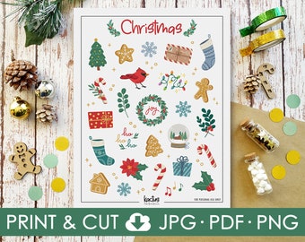 Christmas Printable Stickers, Sticker Sheet, Bullet Journal Stickers, Planner Stickers, Holiday Decor, Winter Stickers, Scrapbook Stickers