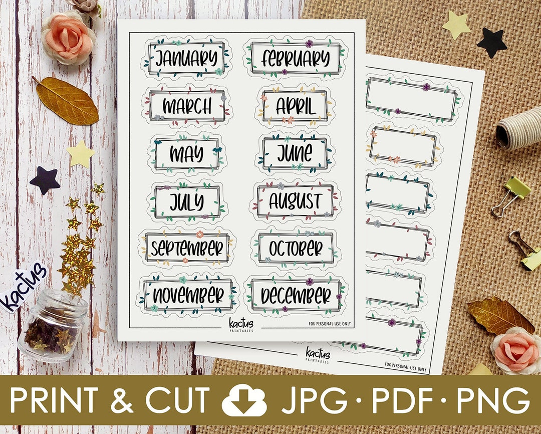 Printable Month Stickers, Planner Stickers, Bullet Journal Stickers