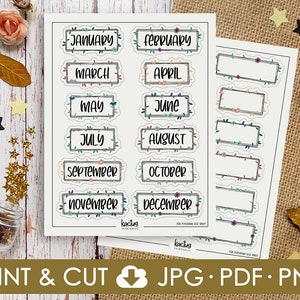 Printable Month Stickers, Planner Stickers, Bullet Journal Stickers, Monthly Stickers, Sticker Sheet, Flower Stickers, Cute Stickers, Months