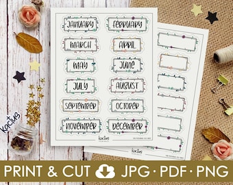 Printable Month Stickers, Planner Stickers, Bullet Journal Stickers, Monthly Stickers, Sticker Sheet, Flower Stickers, Cute Stickers, Months