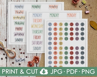 Days of the Week Printable Stickers, Colored Weekday Names, Bullet Journal Stickers, Planner Stickers, Functional Stickers, Number Stickers