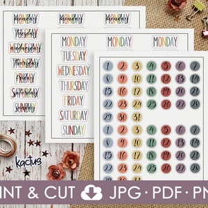 Days of the Week Printable Stickers, Rainbow Weekday Names, Bullet Journal, Planner Stickers, Functional Stickers, Week Sticker Sheet