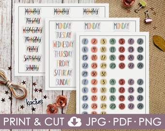Days of the Week Printable Stickers, Rainbow Weekday Names, Bullet Journal, Planner Stickers, Functional Stickers, Week Sticker Sheet