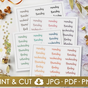 Days of the Week Printable Stickers, Bullet Journal Stickers, Weekly Planner Stickers, Script Stickers, Hand Lettering, Sticker sheet