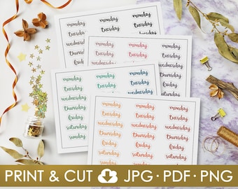 Days of the Week Printable Stickers, Bullet Journal Stickers, Weekly Planner Stickers, Script Stickers, Hand Lettering, Sticker sheet