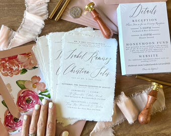 Deckle Edge Wedding Invitation Suite, Handmade Cotton Paper Invite, Blush Floral Envelope | Elegant Script Calligraphy | Romantic Invite