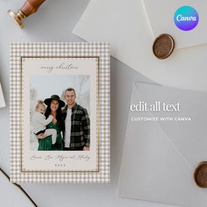 May include: A holiday card with a family photo inside a gold-bordered frame. The card has a tan and white gingham pattern border. The text "merry christmas" is at the top, and the family's names and the year 2025 are at the bottom.