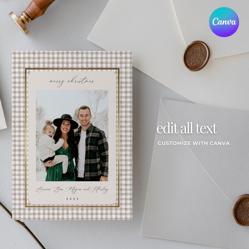 May include: A holiday card with a family photo inside a gold-bordered frame. The card has a tan and white gingham pattern border. The text "merry christmas" is at the top, and the family's names and the year 2025 are at the bottom.