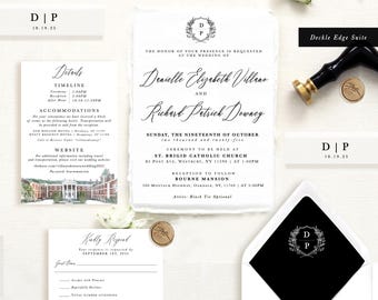 CUSTOM SET | Deckle Edge Invitation, Details Card, RSVP Card, Belly Bands + Envelopes, Bourne Mansion Wedding Watercolor Venue