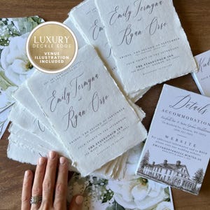 May include: A stack of off-white wedding invitation cards with deckle edges and black calligraphy text. The cards feature the names Emily Jermyna and Ryan Orso, the date, and The Stagecoach Inn location. A separate details card shows a building illustration.