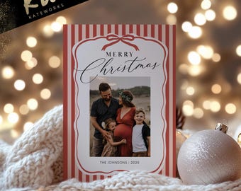 Neutral Gingham Christmas Card Template | Editable Digital Holiday Photo Card | Minimalist Christmas Card | Printable Holiday Greeting