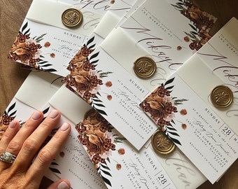 Rust Floral Wedding Invitation Suite, Terracotta Fall Wedding Invitations with RSVP & Details Card, Elegant Boho Wedding Stationery