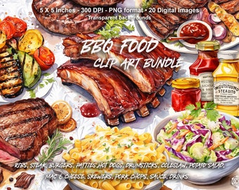 BBQ-clipart, barbecue-aquarelillustraties, aquarelvoedselafbeeldingen, Amerikaanse png, downloadbare digitale clipart voor commercieel gebruik