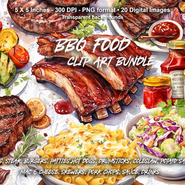 BBQ Clipart, Barbecue Watercolour Clip Art, Watercolor Food Images, American png, Downloadable Digital Clipart for commercial use