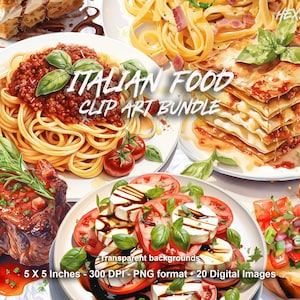Italian Food Watercolor Clipart Bundle, Transparent PNG, Digital Download, Pasta Food Clipart, Card Making, Junk Journal, for Commercial Use