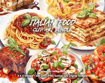 Italienisches Essen Aquarell Clipart Bundle, transparente PNG, digitaler Download, Pasta Essen Clipart, Kartenherstellung, Junk Journal, für kommerzielle Nutzung