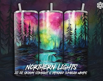 Alcoholinkt Noorderlicht 20oz Sublimatie Tumbler Designs, Waterval, Rechte Skinny Tumbler Wrap PNG, Taps toelopende sublimatie Design PNG