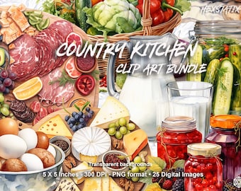 Country Kitchen PNG Clipart, Transparent Background, Instant Download for Commercial Use POD, Watercolor Rustic Cooking Clipart bundle