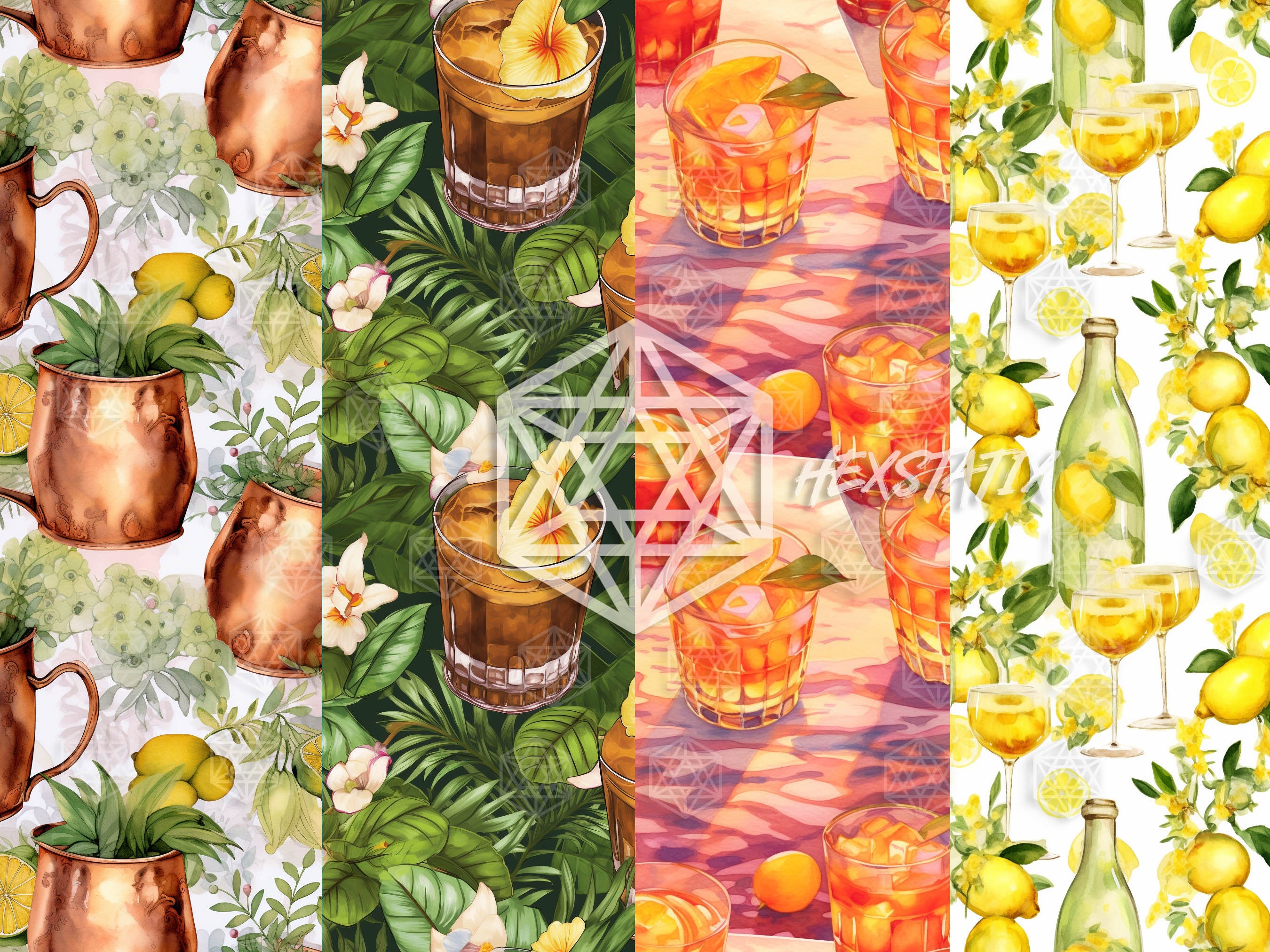 Cocktail Art, Watercolor Summer Cocktails, Printable Digital Paper ...