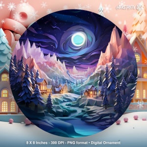 Snowy Christmas Village Ornament Sublimation PNG, 300 DPI, Instant Digital Download, Northern Lights Ornament PNG, Alpine Village Decoration