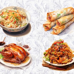 Op de afbeelding: Een bord Chinees eten met een geroosterde kip, een kom gebakken rijst, een bord loempia's en een bord noedels met een bruine saus.